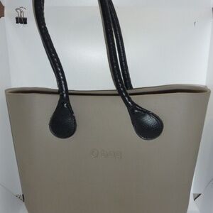 O Bag Made Italy Beach Summer Tote with Black Leather Handles TAUPE GRAY